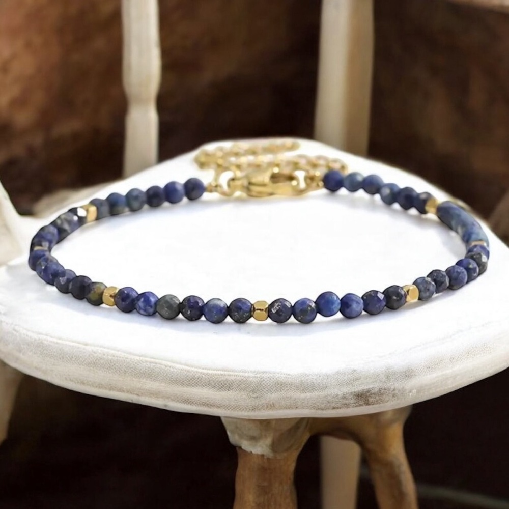 18k Gold Plated Lapis Beaded Bracelet. New. - Picture 6 of 9